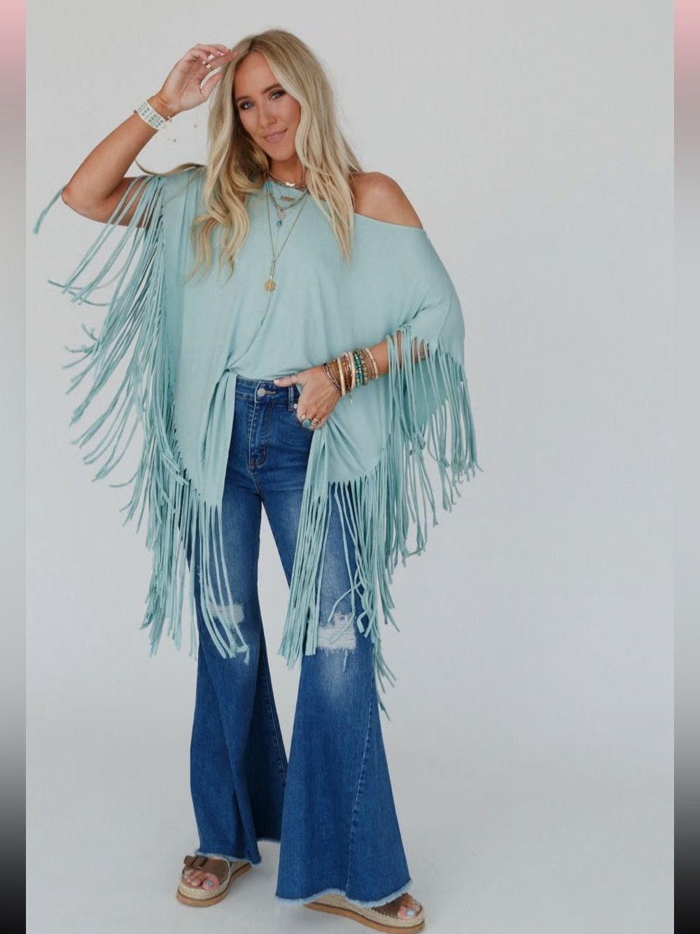 NWT Three Birds Nest Showstopper Fringe Top-Seafoam
